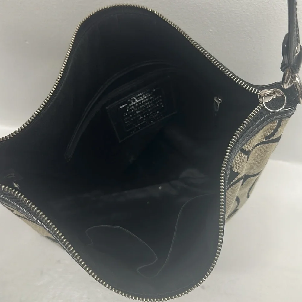 Coach Chelsea Purse Signature Stripe Hobo Bag Shoulder Canvas Leather Black Gray